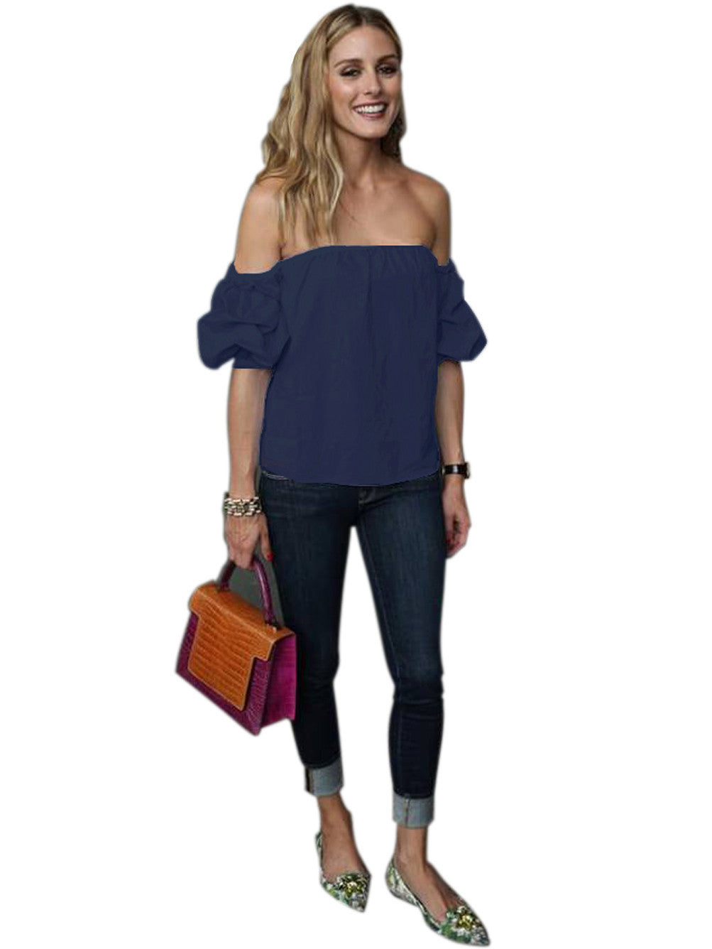 Off The Shoulder Tulum Top Loose Blouse Shirt Blue Fashion Clothes Women Solid Color