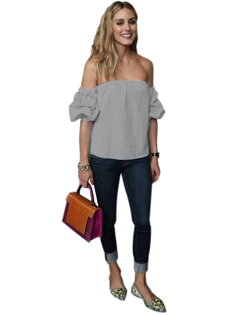 Off The Shoulder Tulum Top Loose Blouse Shirt Blue Fashion Clothes Women Solid Color