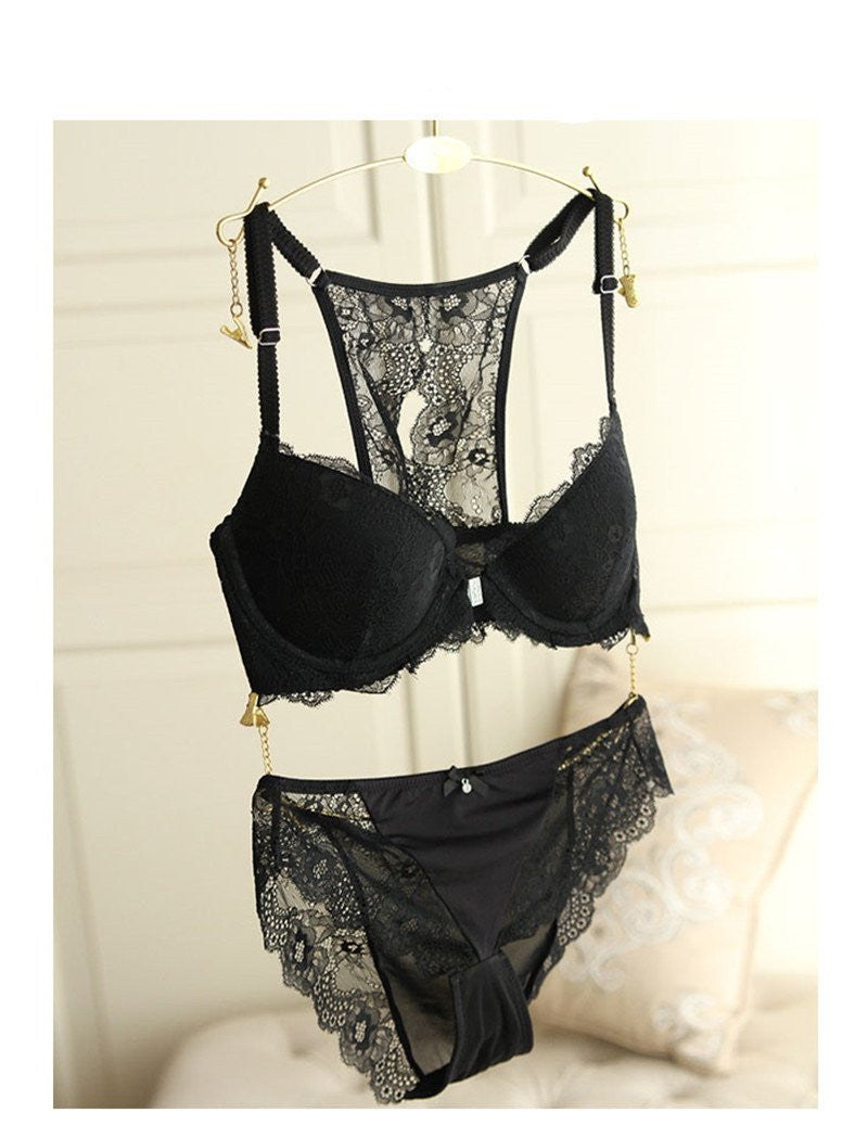 lace bra sets gather deep V solid front closure push up women underwear
