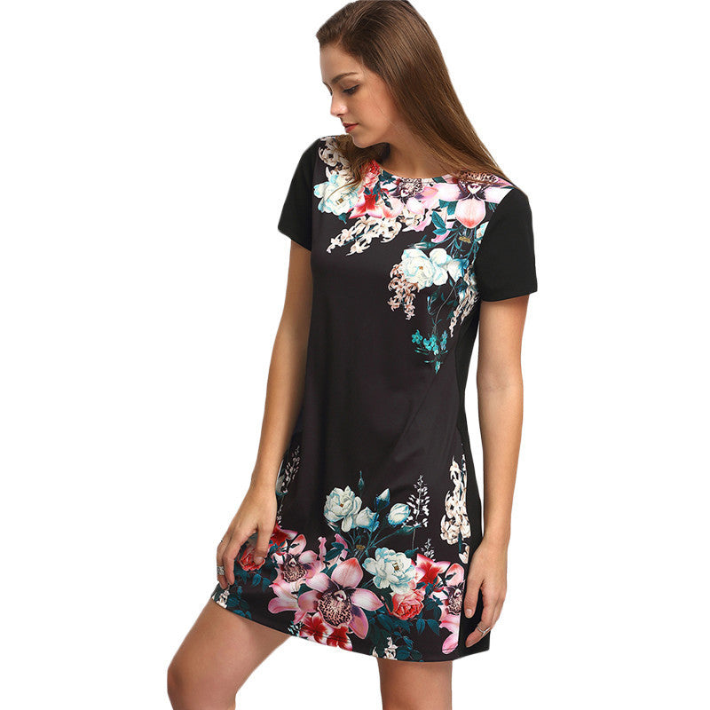 Online discount shop Australia - Dresses For Women Summer New Casual Black Round Neck Short Sleeve Floral Print Vintage Straight Short Dress