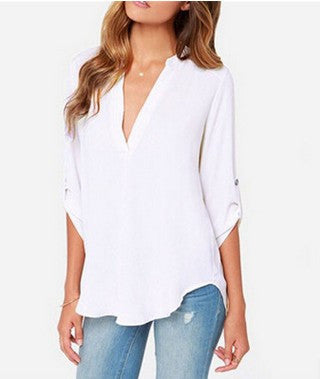 Plus Size Woman Fashion Solid Casual Long Sleeve Chiffon Blouses Lady Girl White 7 color S- 5XL Shirts