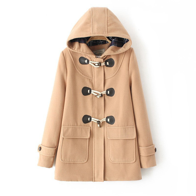 Online discount shop Australia - Duffle Coat Long Turn Down Horn Button Hooded Collar Woolen Overcoat Wide Waisted manteau  Out Wear   coats