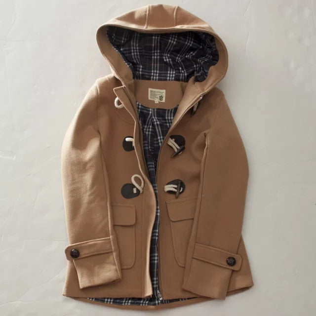 Online discount shop Australia - Duffle Coat Long Turn Down Horn Button Hooded Collar Woolen Overcoat Wide Waisted manteau  Out Wear   coats