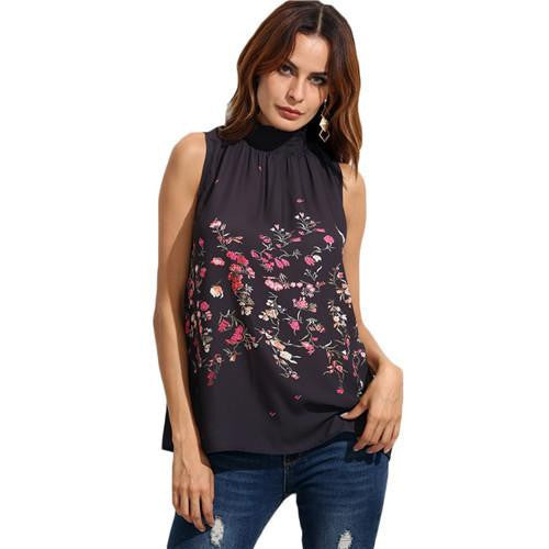 Womens Tops and Blouses For Ladies Fashion Multicolor Floral Print High Neck Sleeveless Blouse