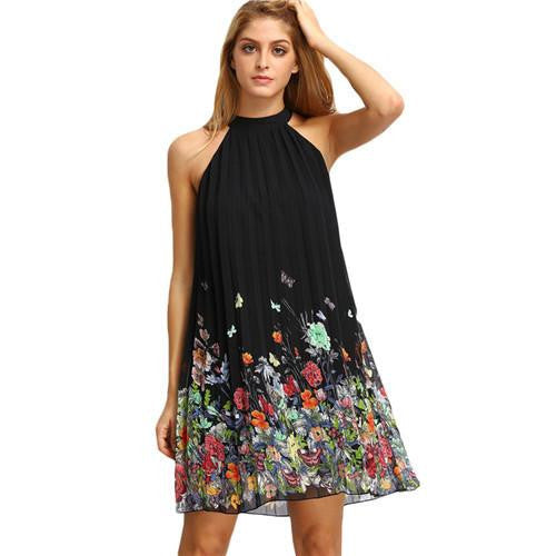 Woman Dress Summer Black Round Neck Sleeveless Womens Casual Clothing Floral Print Cut Away Shift Dresses