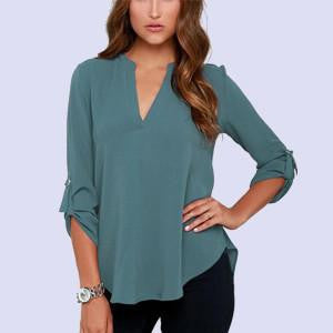 women clothes V-neck long-sleeved blouse wrinkled sleeve loose casual chiffon shirts women 7 colors