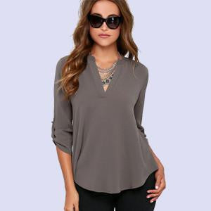 women clothes V-neck long-sleeved blouse wrinkled sleeve loose casual chiffon shirts women 7 colors