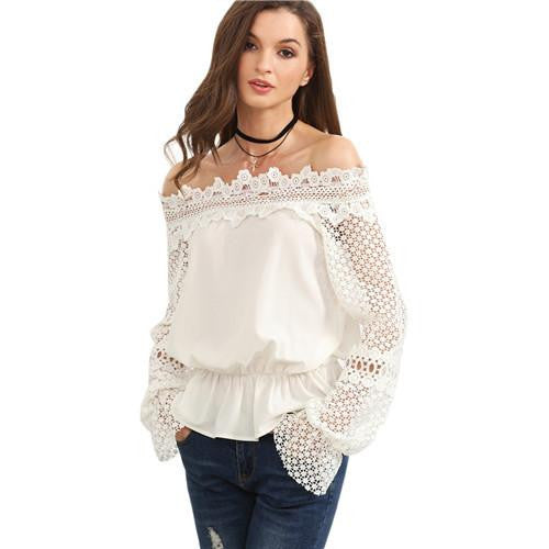 Womens Style Tops and Blouses Ladies Plain White Off The Shoulder Crochet Long Sleeve Cute Blouse