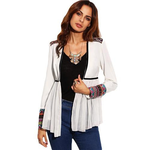 Womens Outerwear Tops Casual Coat Ladies Collarless Open Front White Tape Detail Cuff Long Sleeve Outerwear