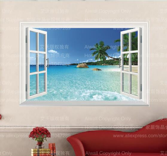 Online discount shop Australia - 9 Styles 3020 Removable Beach Sea 3D Window Scenery Wall Sticker home Decor Decals Mural Decal Exotic Beach View
