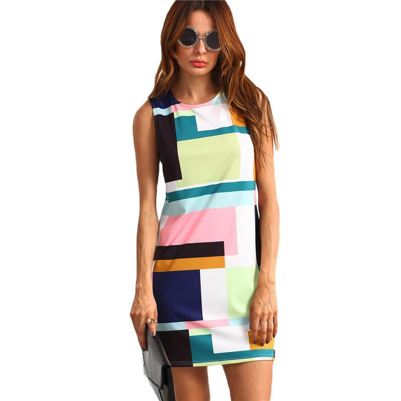 Summer Casual Dresses For Woman Ladies Multicolor Crew Neck Sleeveless Zipper Back Color Block Dress