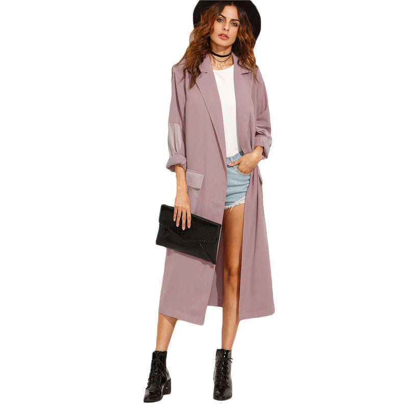 Online discount shop Australia - Casual Long Outerwear Coats For Ladies New Arrival Purple Lapel With Pocket Split Long Sleeve Outerwear