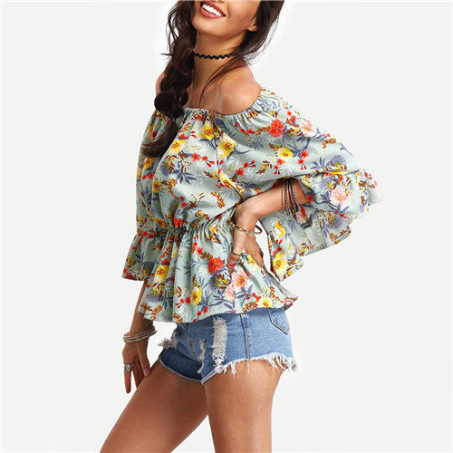 Off-The-Shoulder Flower Print Peplum Blouse Womens Tops Fashion Three Quarter Length Flare Sleeve Chiffon Blouses