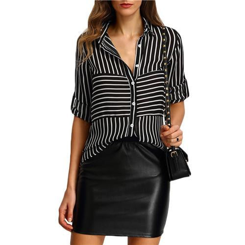 Womens Striped Fashion Shirt Blouses Black Lapel Long Sleeve Striped Buttons Casual Chiffon Office Blouse