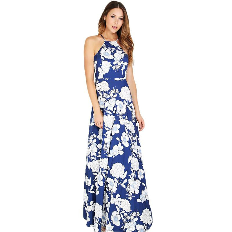 SheIn Womens Summer Maxi Dresses Arrival Ladies Sleeveless Blue Halter Neck Floral Print Vintage A Line Dress