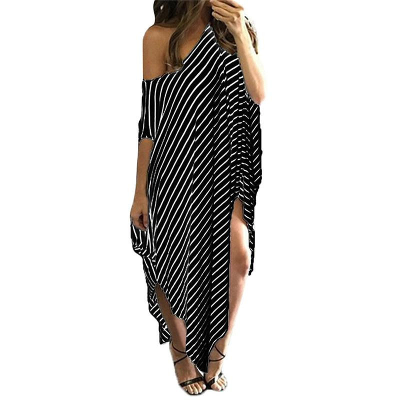 Women Loose Long Maxi Dress Striped Batwing Sleeve Off shoulder Split Casual Beach Dresses Wear Plus Size Vestidos