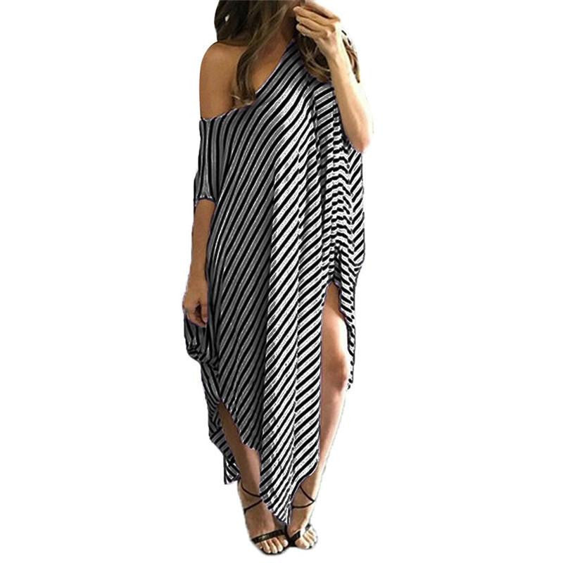 Women Loose Long Maxi Dress Striped Batwing Sleeve Off shoulder Split Casual Beach Dresses Wear Plus Size Vestidos
