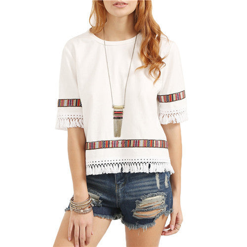 Online discount shop Australia - Beige Vintage Embroidered Fringe Blouses  Womens Casual Tops Round Neck Half Sleeve Patchwork Blouse