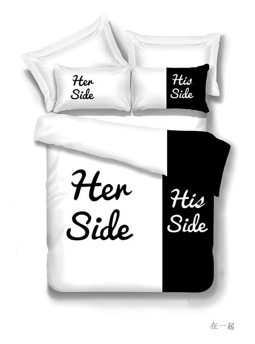 Online discount shop Australia - Her Side His Side bedding sets Queen/King Size Couple double bed Black&white 3pcs/4pcs Bed Linen Couples Duvet Cover Set