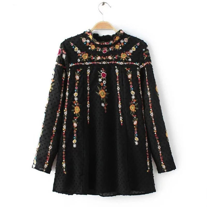 SCQP Black Floral Embroidery Fashion Elegant Women Long Sleeve O-Neck Ladies Blouses Lace Top