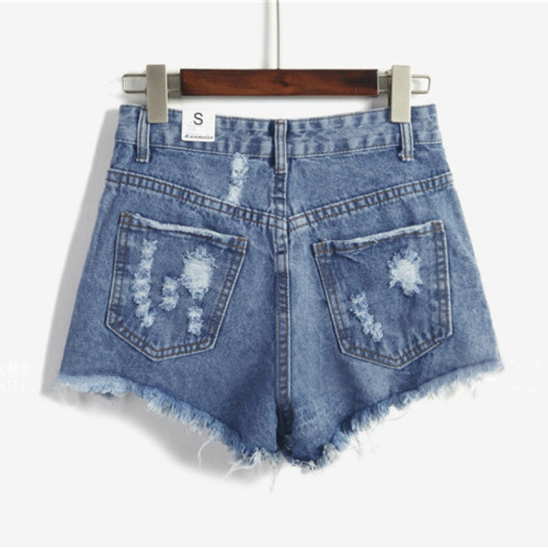 Online discount shop Australia - Female Blue High Waist Denim Shorts Women Worn Loose Hole Shorts