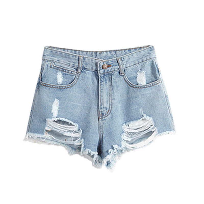 Online discount shop Australia - Female Blue High Waist Denim Shorts Women Worn Loose Hole Shorts