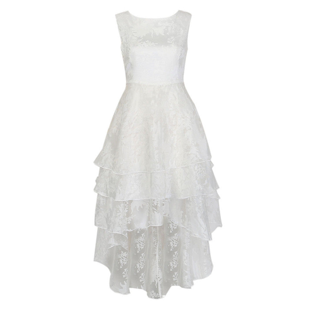 White Lace Floral Layered Sleeveless Round Neck Dress High Low Hem Women Spring Summer Novelty Women ELegant Wear