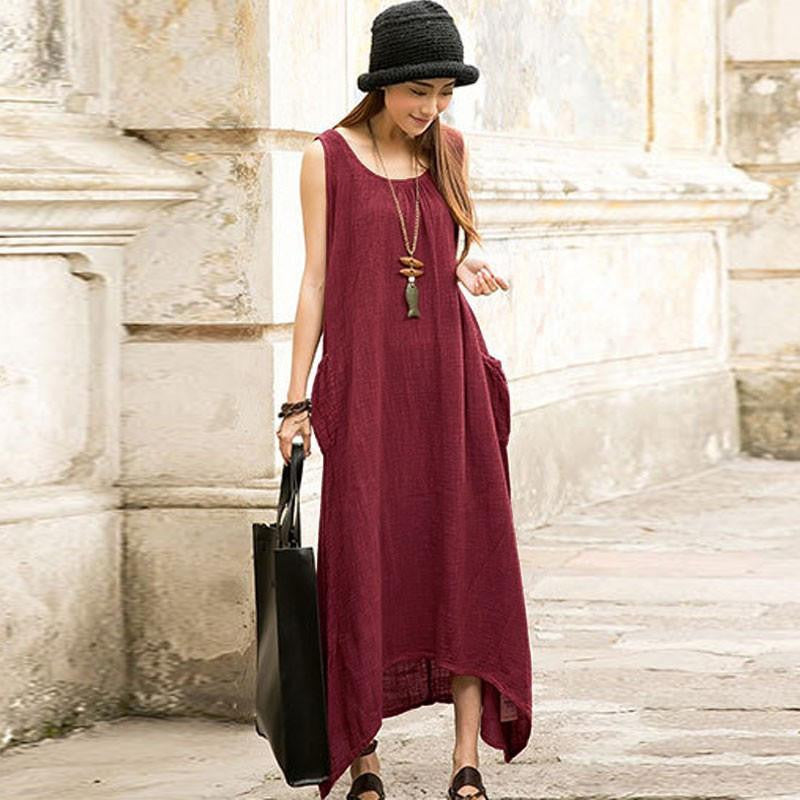 Women Casual Loose Sleeveless Long Dress Vintage Pockets Cotton Irregular Maxi Dresses Plus Size Vestidos