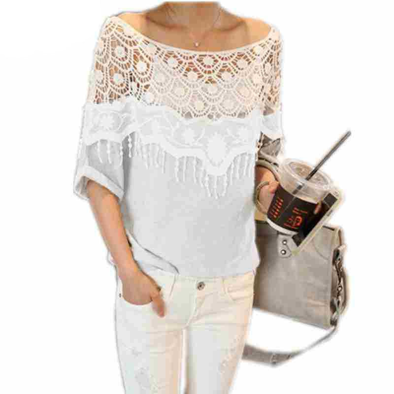 Plus Size S-5XL Cotton Shirt For Women Crochet Cape Lace Collar Batwing Sleeve Blouse Hollow Out Tops