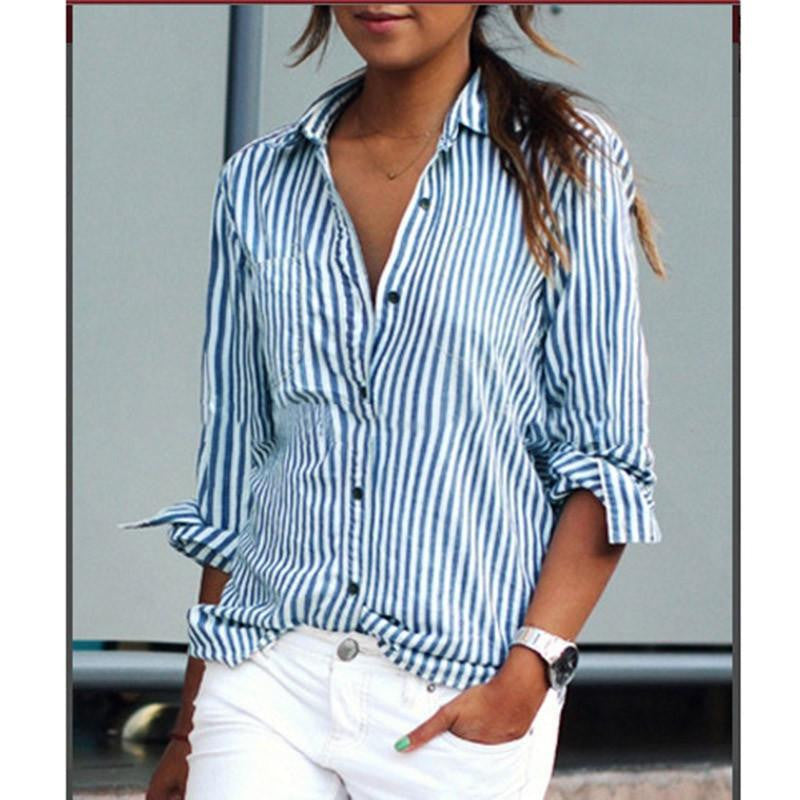 Women Blouses Fashion Long Sleeve Lapel Striped Shirt Loose Casual OL Work Tops Plus Size XS-5XL