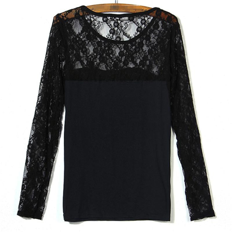Womens Fashion Slim Shirt Tops Lace Long Sleeve O-Neck Leisure Blouse Black/White S-2XL