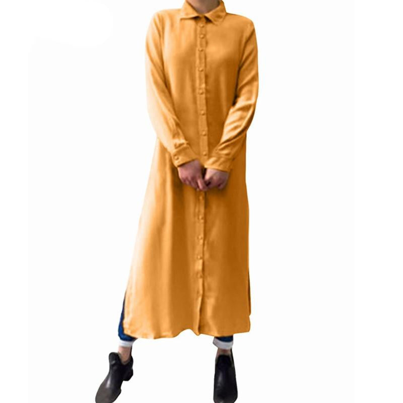 Women Chiffon Long Solid Shirts Dress Long Sleeve Casual Loose Maxi Boho Tops Lapel Blouse Plus Size