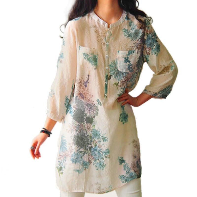 Women Vintage Floral Printed Blouses Elegant 3/4 Sleeve Linen Casual Long Tops Shirts Plus Size