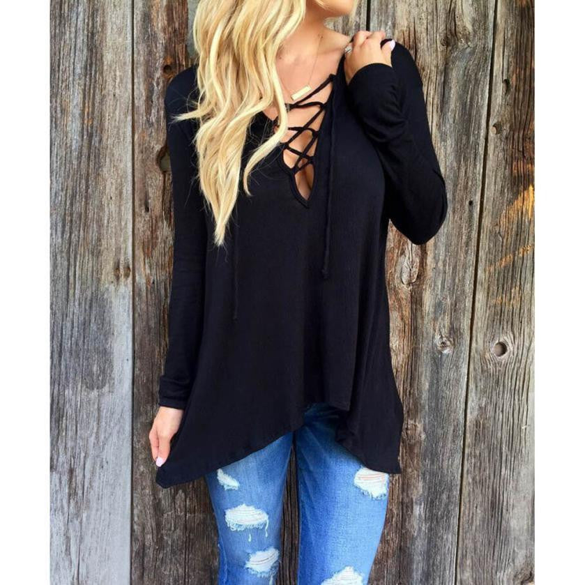 Deep V-neck Blouse Women Front Plunge Lace up Hooded Tops Women's Casual Loose Shirts Pullover Black