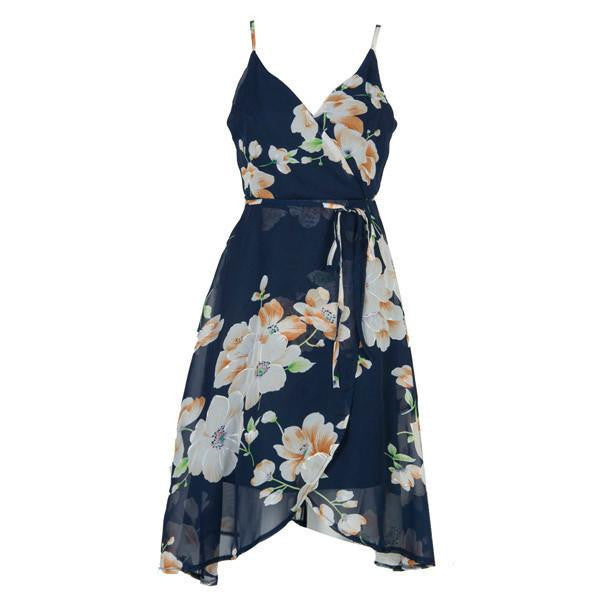 Women Navy Floral Print V Neck Wrap Front Cross Backless Asymmetric Dress Summer Fashion A Line Chiffon Beach Dresses