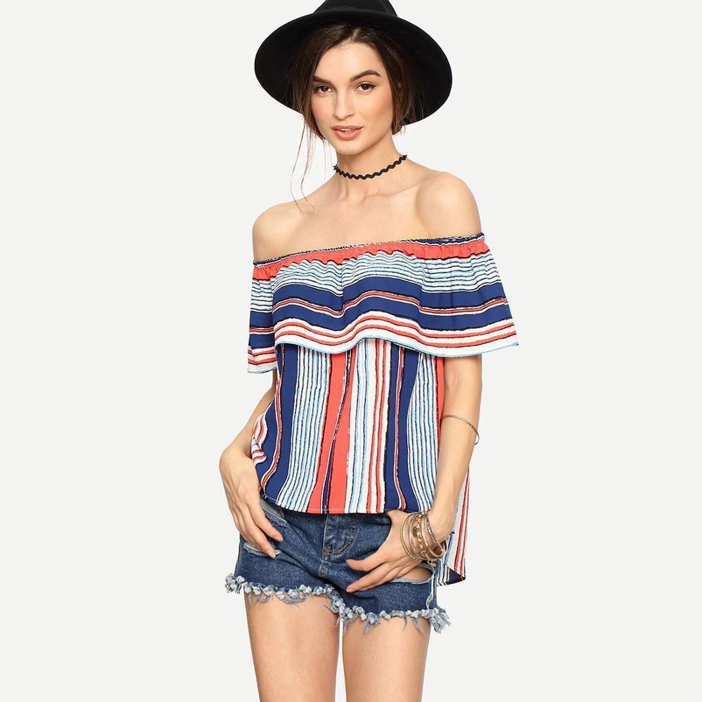 Womens Tops Blouses Ladies Multicolor Striped Off The Shoulder Ruffle Short Sleeve Blouse