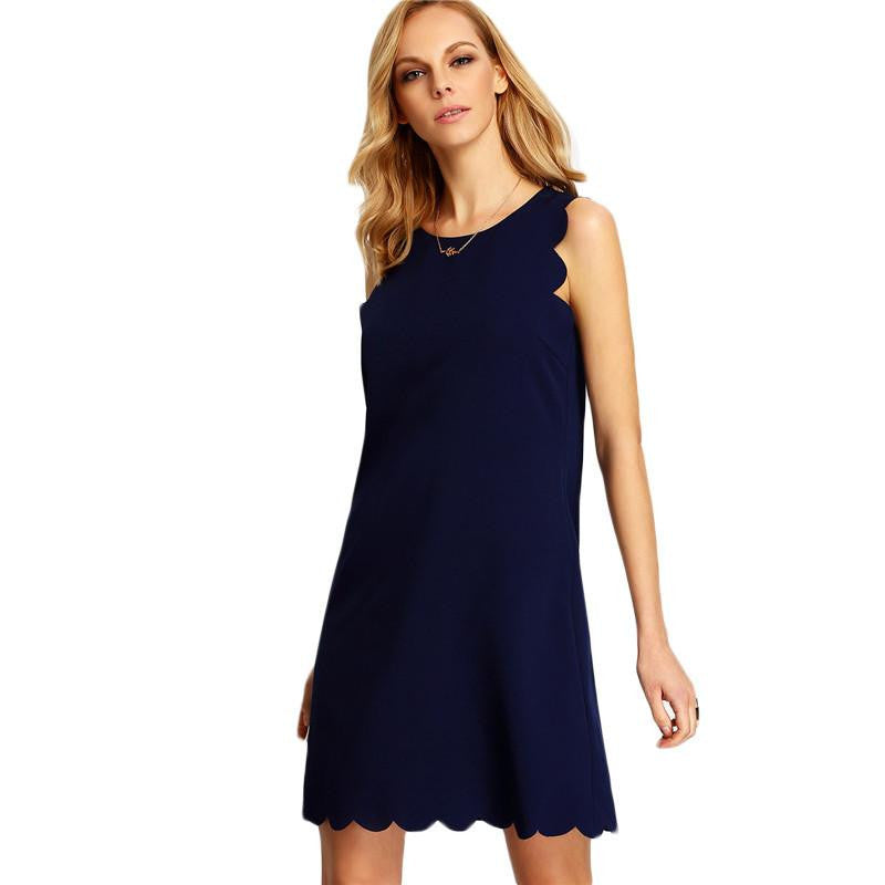 Women Shift Mini Solid Dress Summer Plain Royal Blue Sleeveless Round Neck Scallop Shift Short Dress