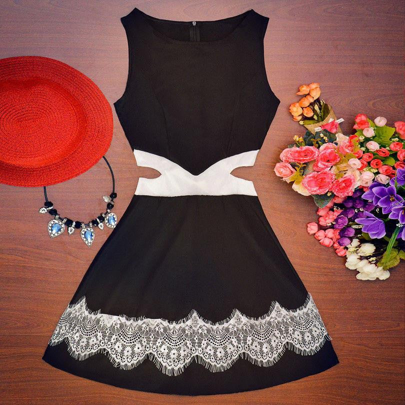 Women Casual Party Sleeveless Lace Short Mini Dress Hollow out waist Dresses