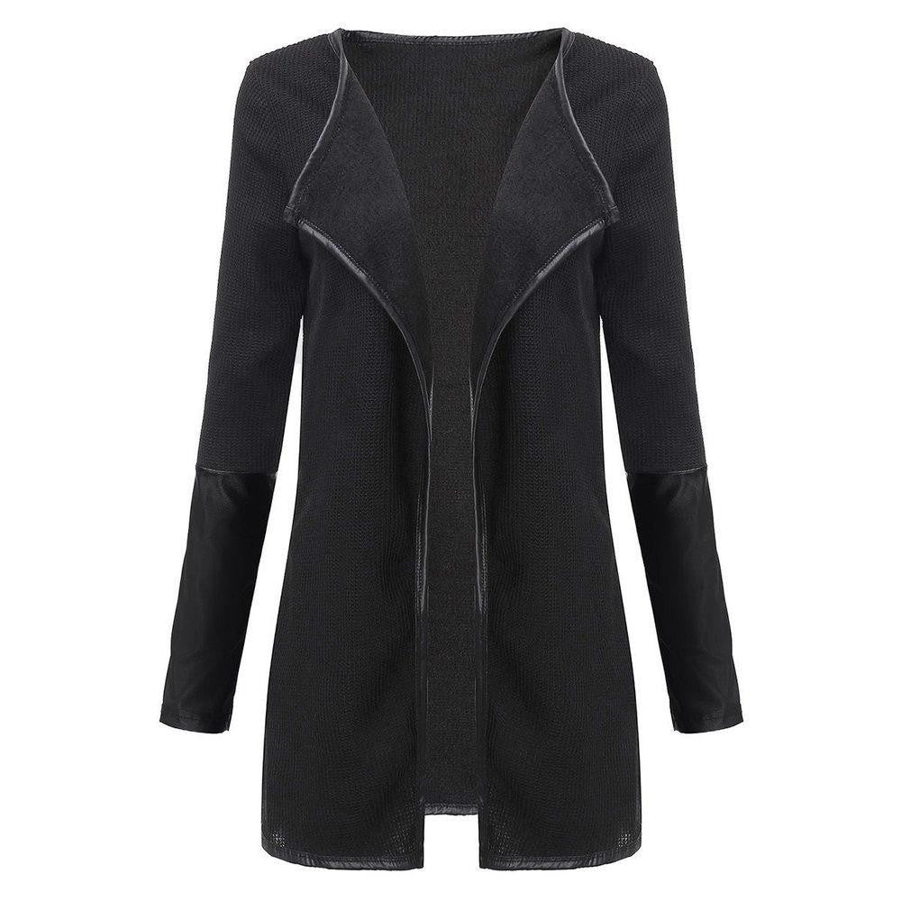 Women PU Leather Sleeve Knitted Cardigan Long Sleeve Poncho Outwear Jacket Coat Black White Suit Top