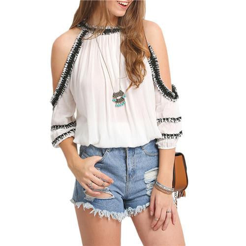 Womens Fashion Tops Round Neck Short Sleeve White Crochet Trim Cold Shoulder Blouse