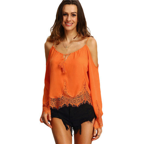 Online discount shop Australia - Clothes For Women New Tops Womens Orange Cold Shoulder Long Flare Sleeve Lace Trim Beach Blouse