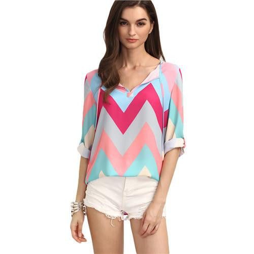 Women's Blouses Tops For Ladies Multicolor Zig-zag Print Rolled-up Long Sleeve Casual Blouse