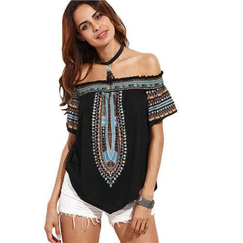 Women Tops Ladies Multicolor Print Short Sleeve Off The Shoulder Asymmetrical Vintage Blouse