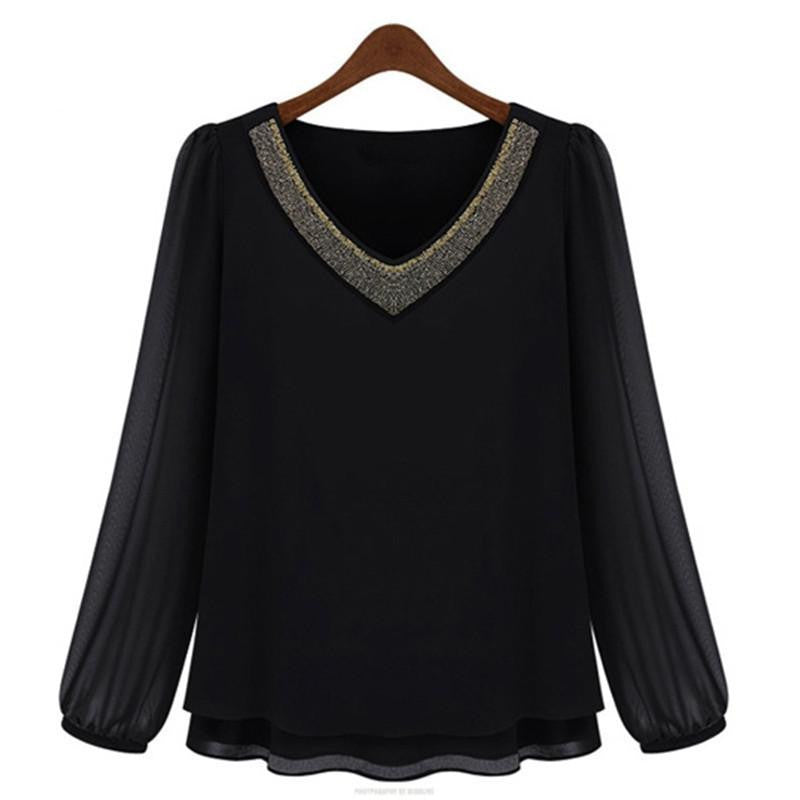 Women Black Chiffon Blouse V neck Long sleeve Casual Blouses and Shirts Ladies Tops