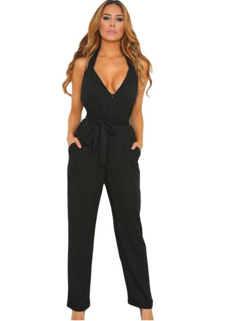 Jumpsuit Long Pants Women Rompers Sleeveless 2XL V-neck Belt Solid Night Club Elegant Slim Jumpsuits Overalls