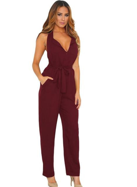 Jumpsuit Long Pants Women Rompers Sleeveless 2XL V-neck Belt Solid Night Club Elegant Slim Jumpsuits Overalls