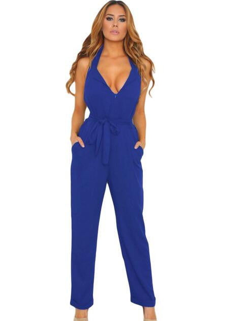 Jumpsuit Long Pants Women Rompers Sleeveless 2XL V-neck Belt Solid Night Club Elegant Slim Jumpsuits Overalls