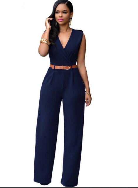 Jumpsuit Long Pants Women Rompers Sleeveless 2XL V-neck Belt Solid Night Club Elegant Slim Jumpsuits Overalls