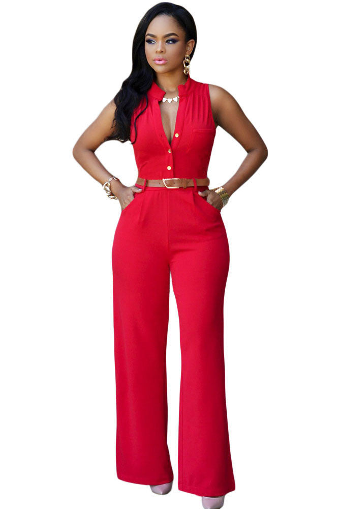 Jumpsuit Long Pants Women Rompers Sleeveless 2XL V-neck Belt Solid Night Club Elegant Slim Jumpsuits Overalls