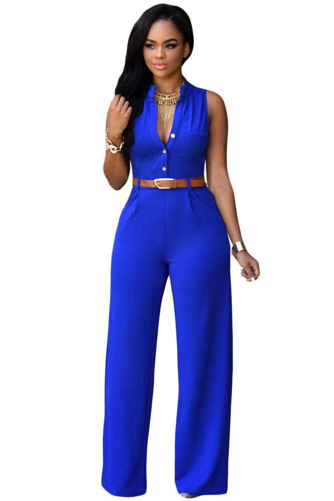 Jumpsuit Long Pants Women Rompers Sleeveless 2XL V-neck Belt Solid Night Club Elegant Slim Jumpsuits Overalls